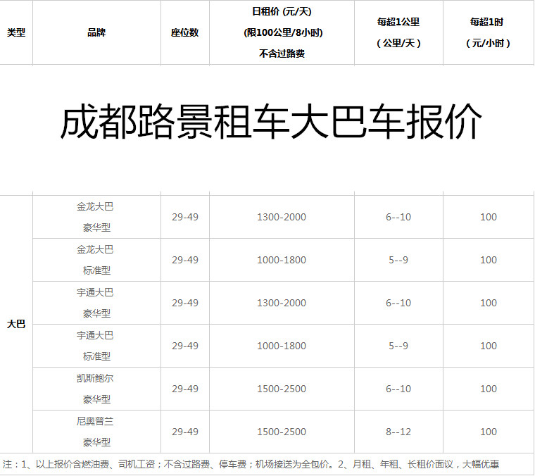 成都包大巴車(chē)價(jià)格表
